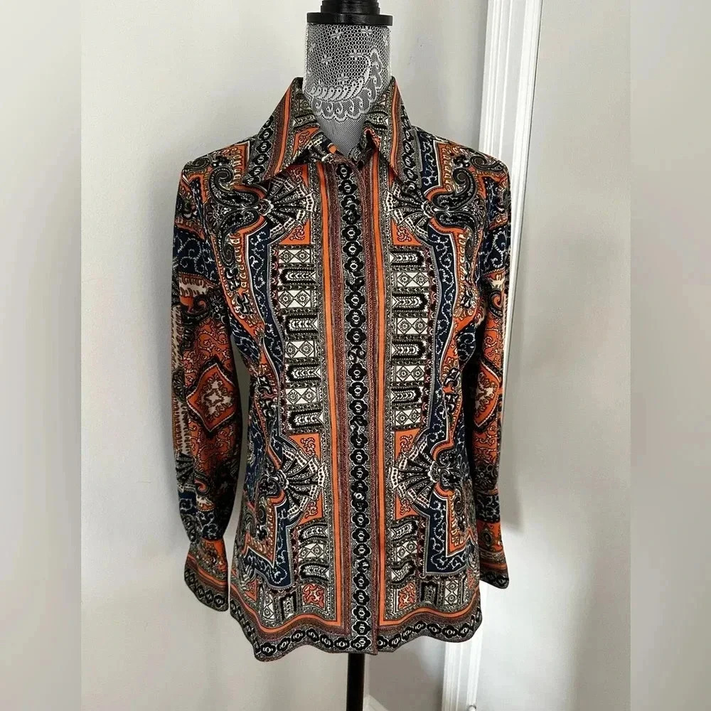 VTG 1970’s Women’s Paisley Geometric Orange Blue Button Down. Pointed Collar.